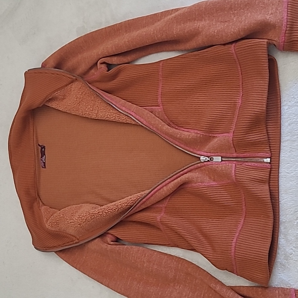 PrAna Breathe Rust Orange Zip Up Sweater XL Ribbed Trim Mock Neck Yoga Outdoor - Picture 14 of 15